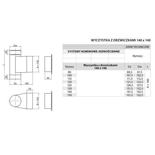 Wyczystka kominowa fi 110 z drzwiczkami 14x14 kwasoodporna