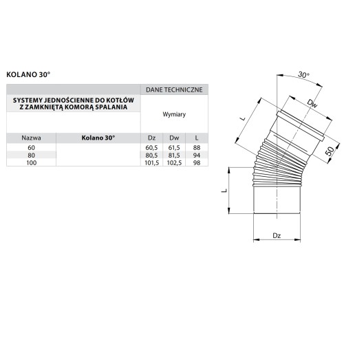 Kolano kominowe Turbo 30° fi 80 kwasoodporne