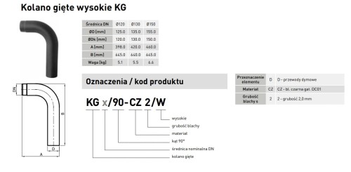Kolano spalinowe gięte wysokie fi 120 DARCO