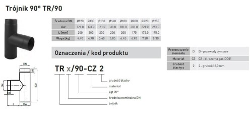 Trójnik spalinowy czarny 90° fi 130 Darco