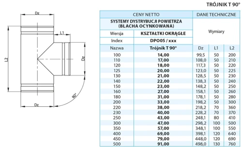 Trójnik wentylacyjny 90° fi 125 ocynkowany
