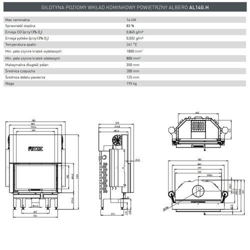 Wkład kominkowy Albero 14 kW Gilotyna Standard AL14G.H