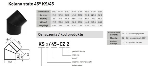 Kolano stałe czarne 45º fi 120 Darco