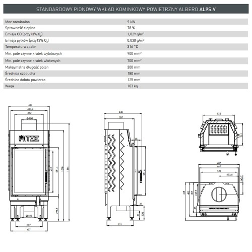Wkład kominkowy Albero 9 kW Pionowy szyba DECOR + wewnętrzna