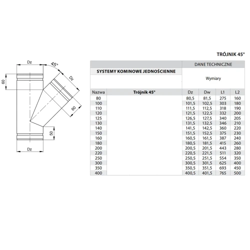 Trójnik jednościenny 45° kwasoodporny fi 200