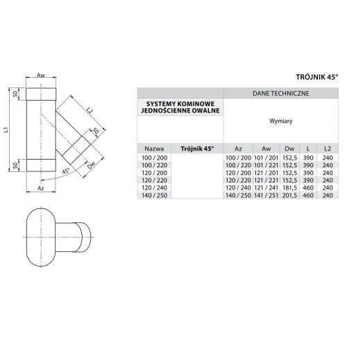 Trójnik kominowy owalny 45° 100/200 żaroodporny